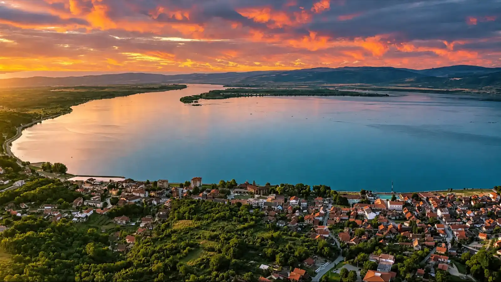 Pogled iz vazduha na Golubac i Dunav u smiraj dana